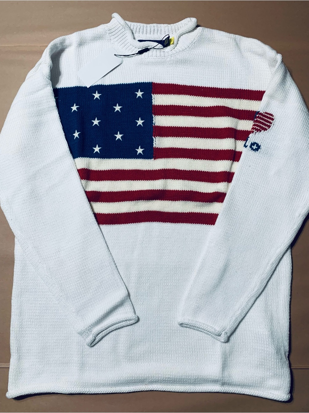 Ralph Lauren White Crewneck Sweater with Red & Blue Flag Knit